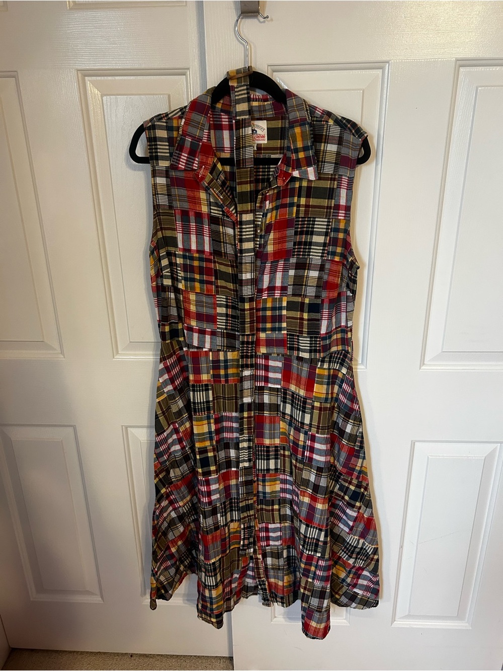 Sleeveless Plaid Shirt Dress in Red, Yellow, Olive & Black